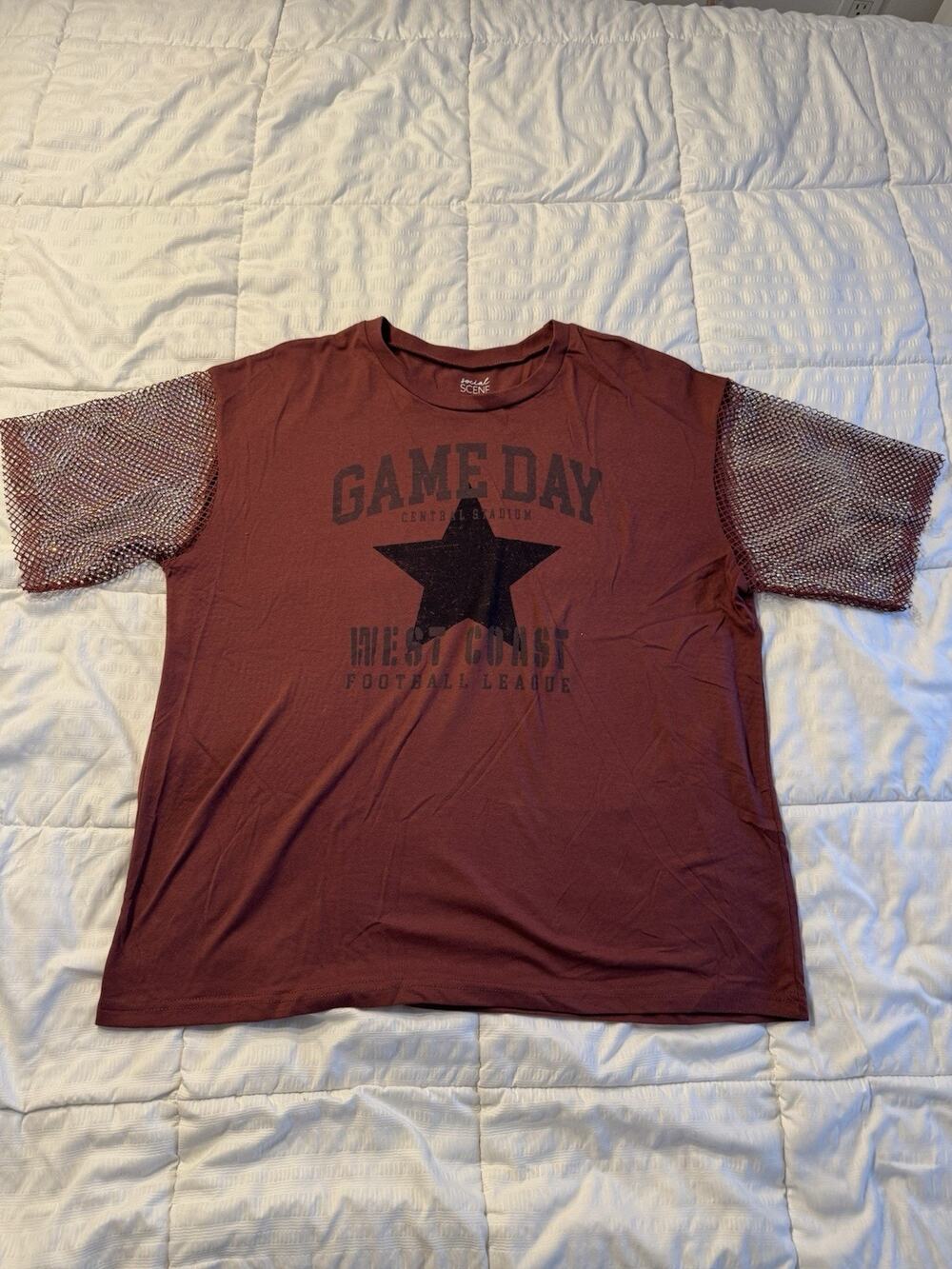 Social Scene Women's XL Short Sleeve Shirt Burgundy Maroon Game Day Mesh Fancy